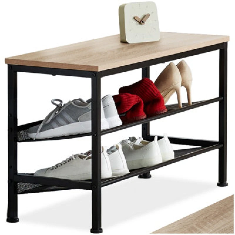 Image of Tectake Shoe Rack Derry - Surface Shelf And 2 Grid Shelves, Industrial Style - Industrial Wood Light, Oak Sonoma