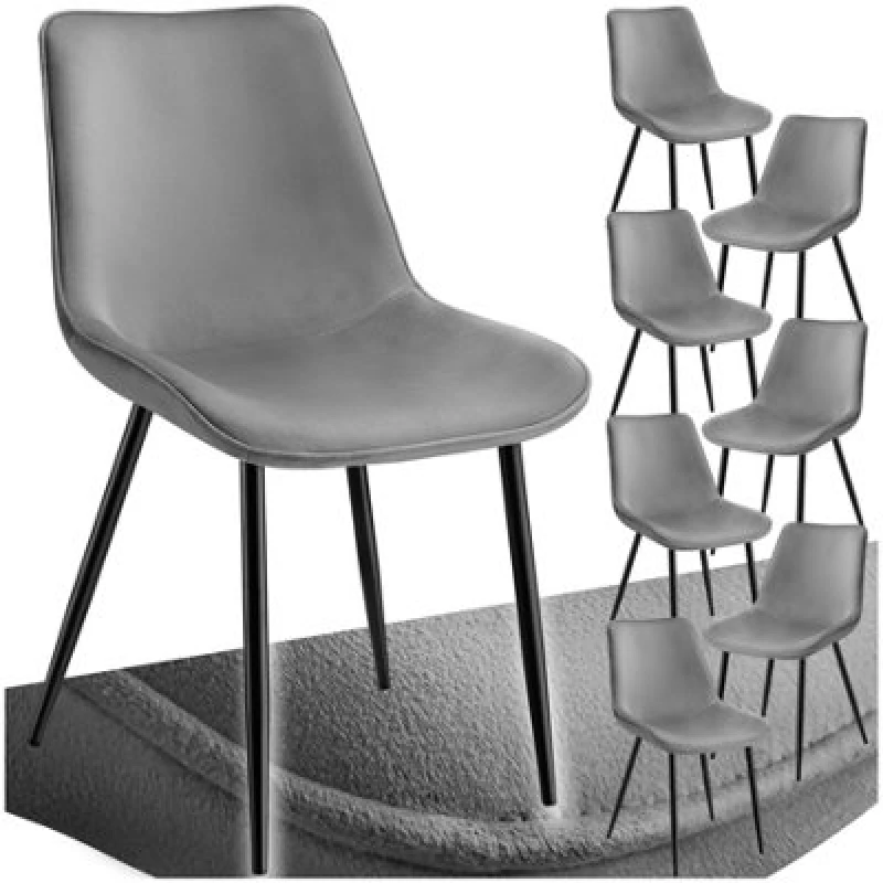 Image of Tectake Set Of 8 Dining Chair Monroe - Padded, Velvet Look, Ergonomic Seat, Black Steel Legs - Grey