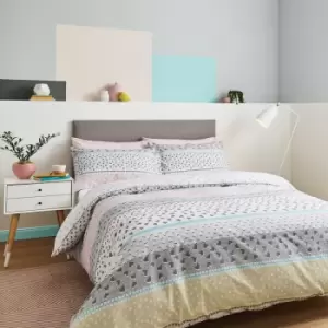 Image of Catherine Lansfield Banded Ditsy Hearts Print Reversible Easy Care Duvet Cover Set, Blush, King