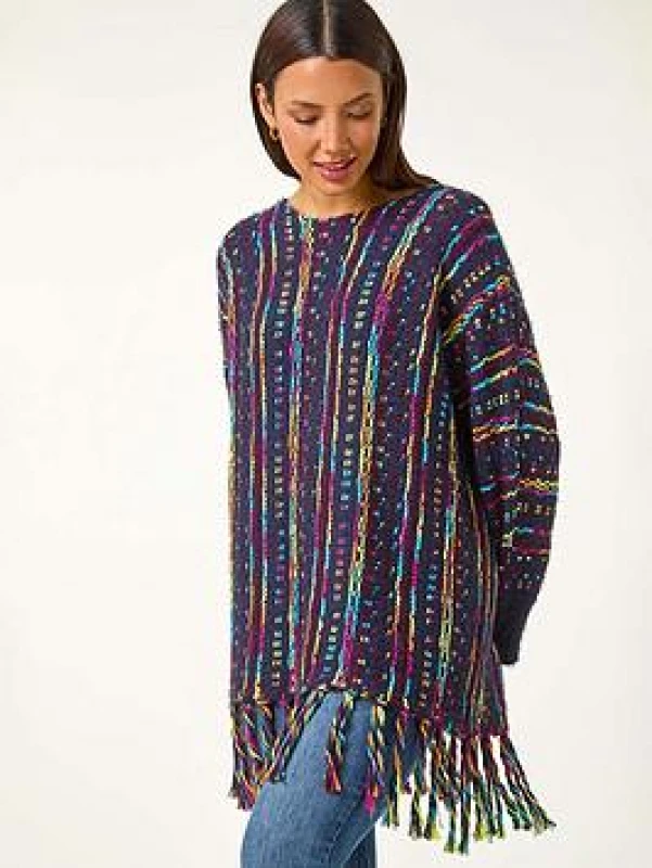 Image of Roman Womens Fringe Hem Knit Longline Jumper in Midnight Size: 14 Midnight Female 14