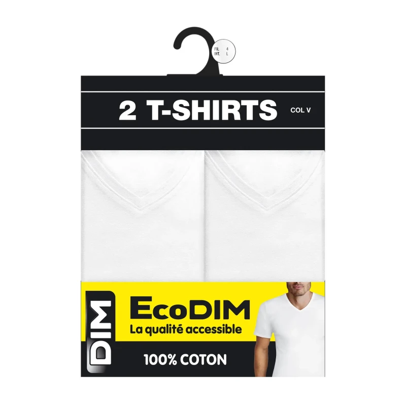 Image of Dim Pack of 2 Plain White Ecodim V-Neck T-Shirts White Men XXL