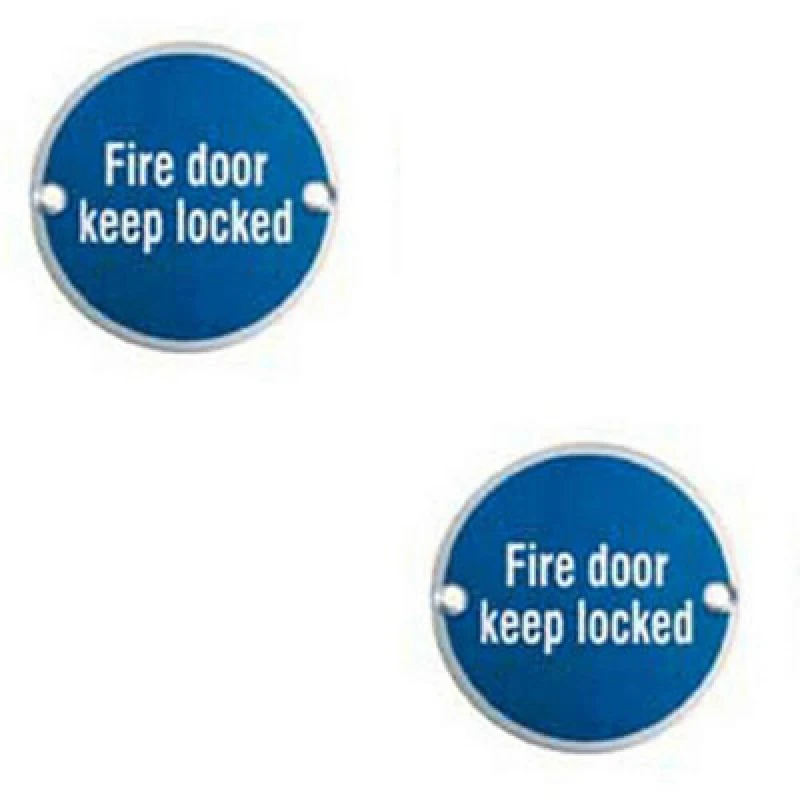 Image of Loops 2x Fire Door Keep Locked Sign 64mm Fixing Centres 76mm Dia Satin Steel Metallics