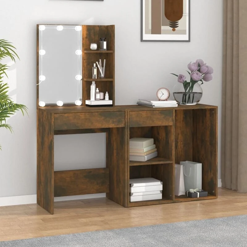 Image of vidaXL LED Dressing Table with Cabinet Smoked Oak Engineered Wood, Brown 3120185