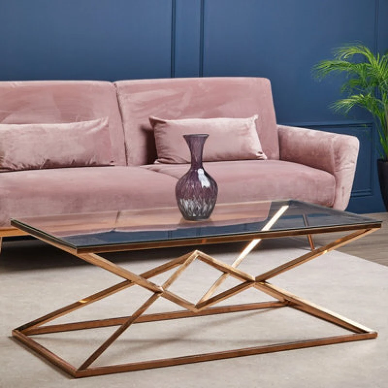 Image of Orsina Stunning Corseted Rose Gold Coffee Table, Geometric Design Display Table, Easily Maintained Decorative Table