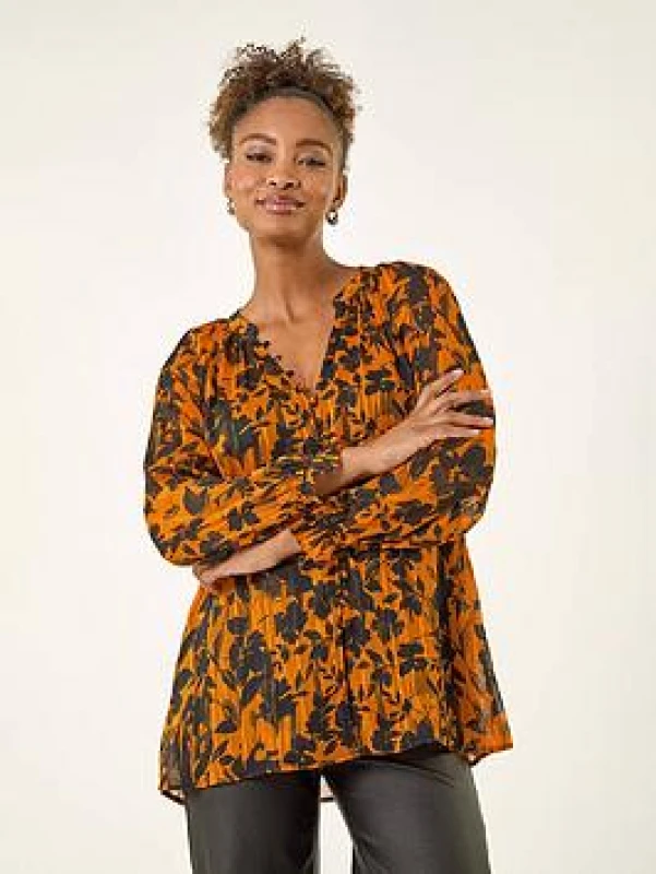 Image of Roman Womens Metallic Floral Buttoned Blouse in Orange Size: 16 Orange Female 16