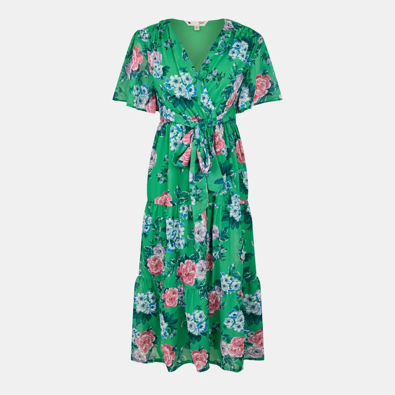 Image of Yumi Yumi Green Floral Tiered Hem Midi Dress Green 8