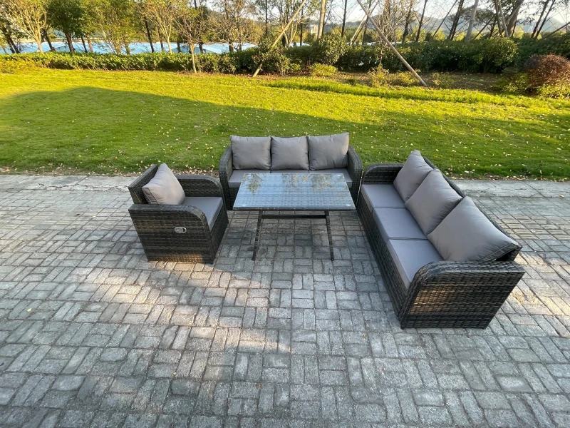 Image of Fimous Outdoor Lounge Sofa Set Wicker PE Rattan Garden Furniture Set with Rectangular Dining Table Reclining Chair Dark Grey Mixed Dark Grey