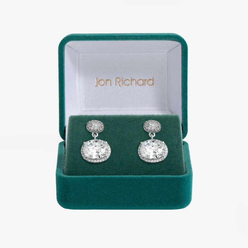 Image of Jon Richard Rhodium Plated Cubic Zirconia Micro Pave Oval Drop Earrings - Gift Boxed Silver
