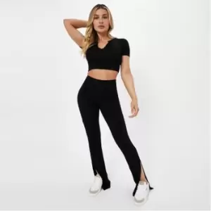 Image of Missguided Notch Neck Crop Top and Split Hem Jersey Trousers Co Ord Set - Black
