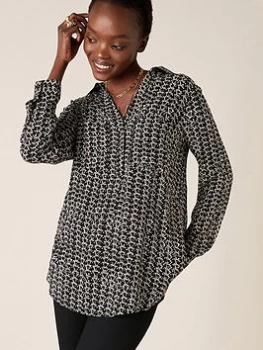 Image of Monsoon Black Printed Longline Shirt In Sustainable Viscose - S