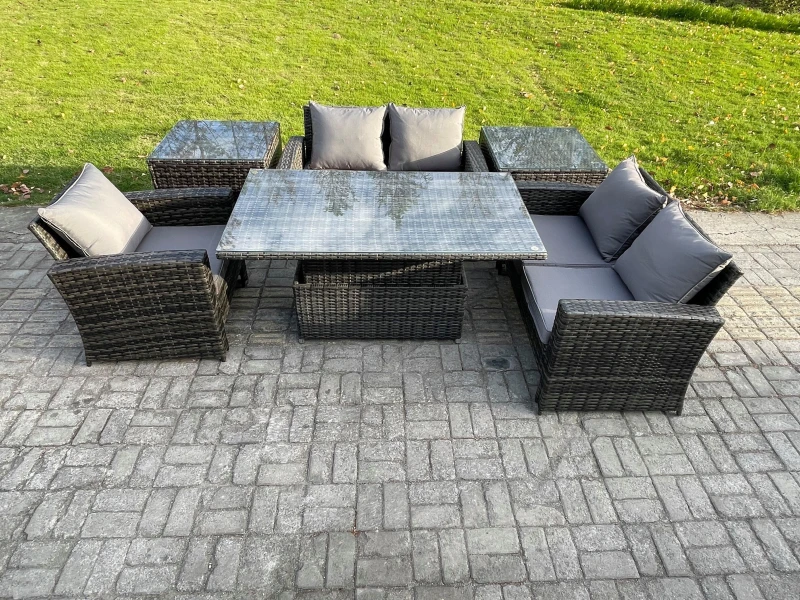 Image of Fimous 6pcs Rattan Outdoor Garden Furniture Set Height Adjustable Rising Lifting Table Sofa Dining Set with 2 Side Tables Dark Grey Mixed Dark Grey Un