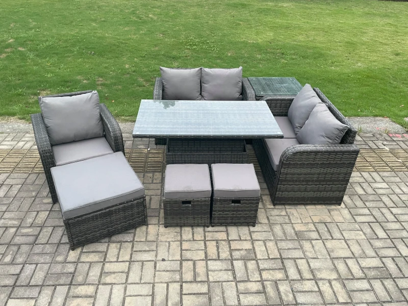 Image of Fimous 8 Seater Rattan Furniture Garden Dining Set Outdoor Height Adjustable Rising lifting Table Love Sofa Chair With Side Table Dark Grey unisex