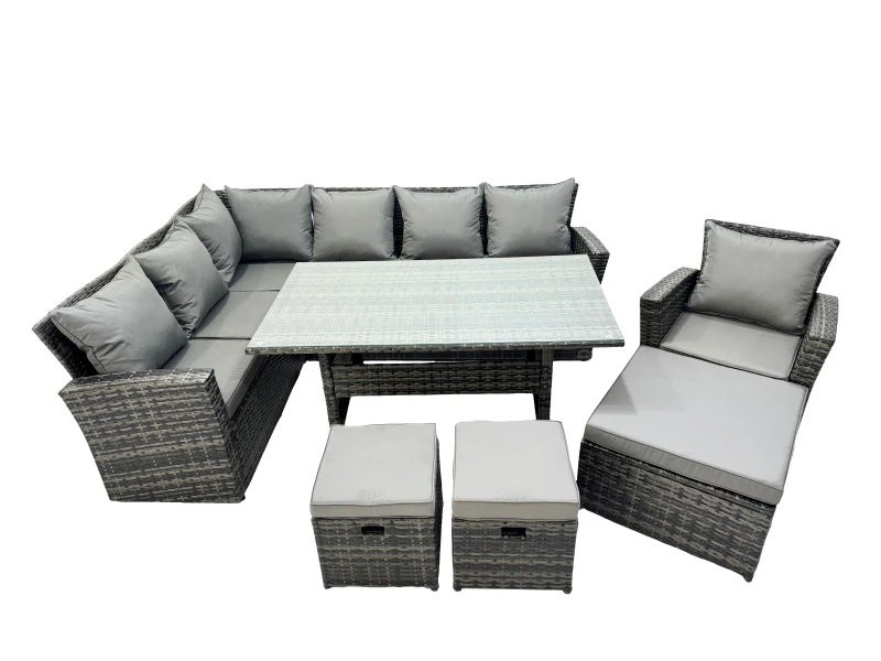 Image of Fimous 10 Seat Rattan High Back Corner Sofa Set with 3 Stools Chair in Dark Grey Dark Grey Unisex