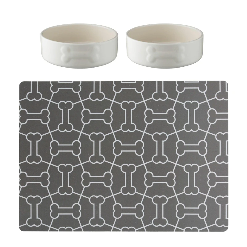 Image of Mason Cash 2x Colour Mix Dog Bowls and Mat Dog Bowls 15cm Cream 71078369000