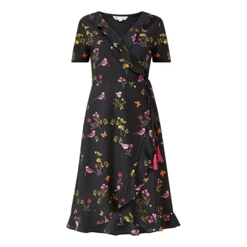 Image of Yumi Black Bird Print Wrap Dress - Black