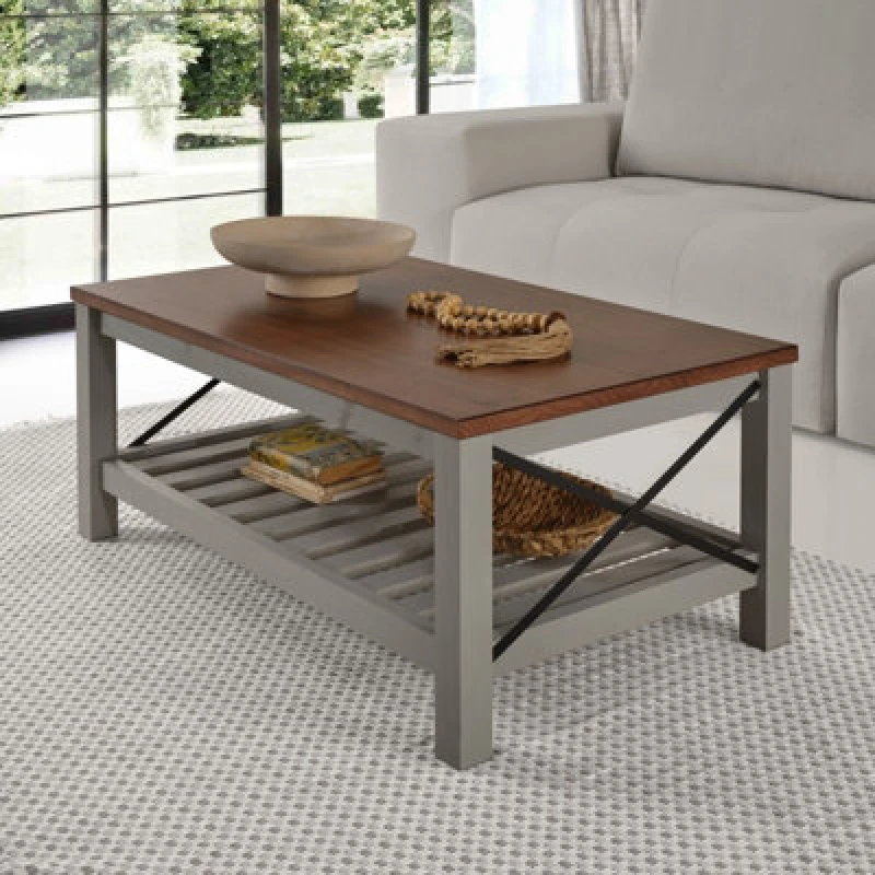 Image of Mercers Furniture Cottage Grey Painted Pine Coffee Table Wooden With Storage Shelf 46H X 107W X 61D Cm