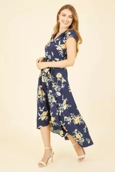 Image of Navy Floral Print Dipped Hem Wrap Dress