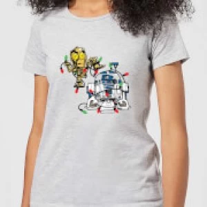 Image of Star Wars Tangled Fairy Lights Droids Womens Christmas T-Shirt - Grey - L