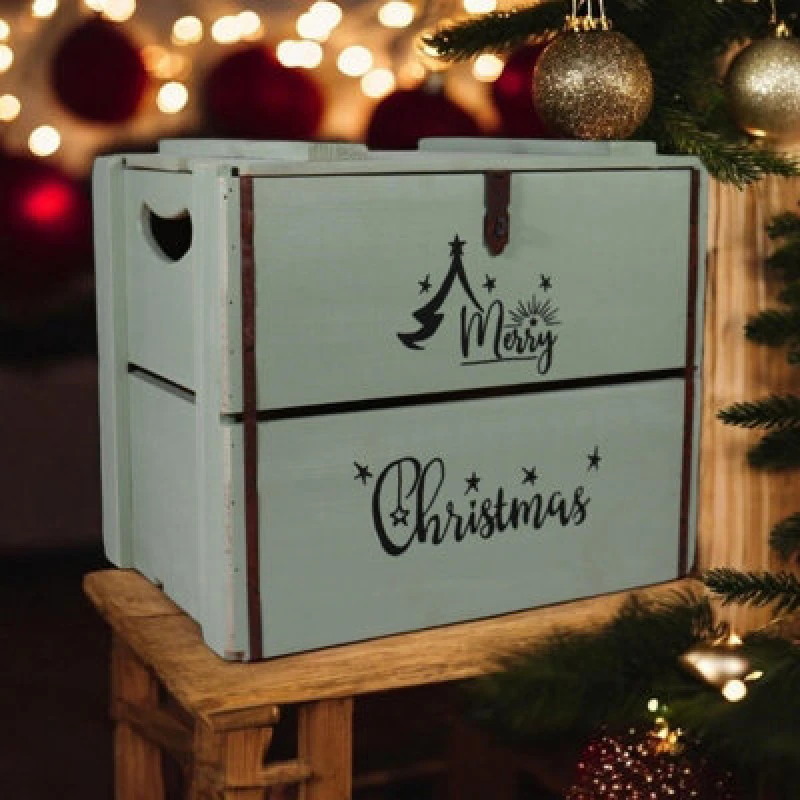 Image of Minster Merry Christmas Box - Wood - L36 X W42 X H30 Cm - Rustic Green
