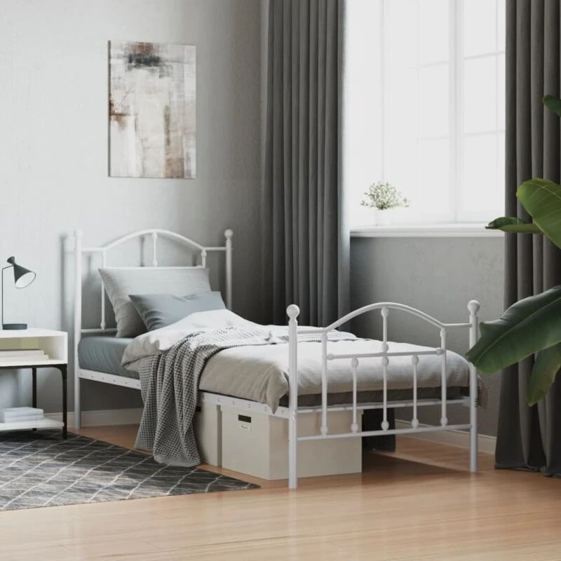 Image of Vidaxl Metal Bed Frame Without Mattress With Footboard White 80X200 Cm, White 353497