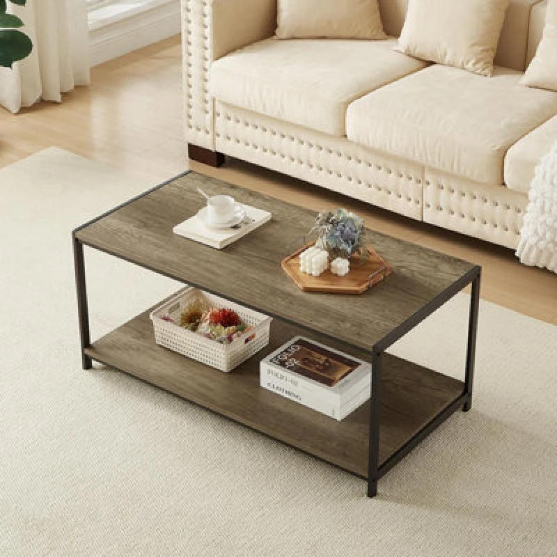 Image of House Of Home Rustic Coffee Table Light Brown 2 Tier With Metal Frame For Living Room 100 X 50 X 45Cm