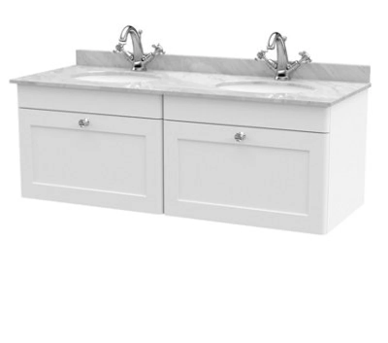 Image of Nuie Classique Wall Hung 2 Drawer Unit & 1 Tap Hole Grey Marble Top With Oval Basin, Stylish Sink Vanity Unit In Satin White With