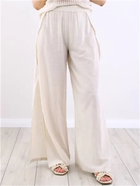 Image of Pieces Raw Cotton Agnes Hw High Slit Pant Stone Female XS 213932UK