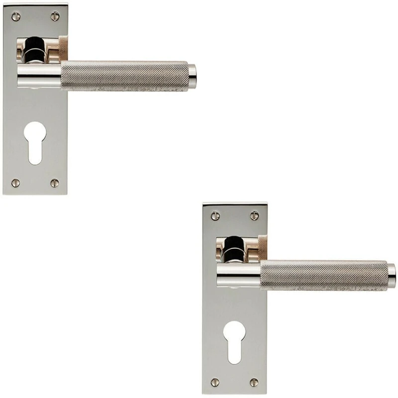 Image of Loops 2x PAIR Knurled Round Lever on Slim Euro Lock Backplate 150 x 50mm Nickel Metallics