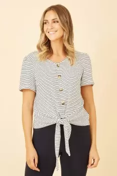 Image of White Striped Jersey Button Detail Top