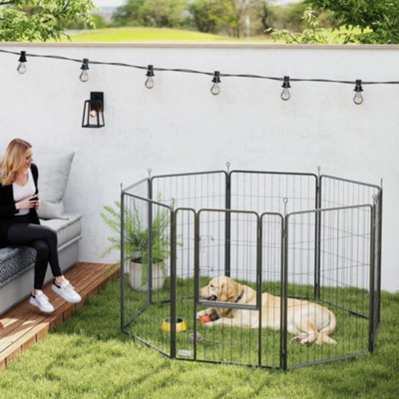 Image of PawHut 8 Panels Heavy Duty Dog Playpen with Door Indoor Outdoor, 100cm High, Black D06-251V02BK