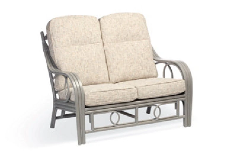 Image of Desser Madrid Grey Natural Rattan 2 Seater Conservatory Sofa Real Cane Wicker Indoor Settee With UK Sewn Cushion In Farrow Fabric