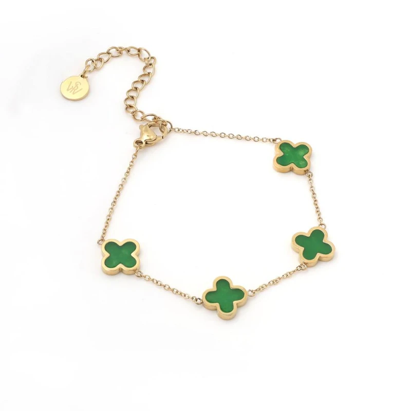 Image of Say It With Green Crystal Clover Bracelet - Yellow Gold Size: 7.5 inches Gold Unisex 7.5 inches