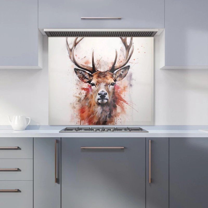 Image of Warren Reed - Designer Watercolour Splashart Stag Face Kitchen Splashback in Brown Size: 700mm x 750mm Brown Unisex 700mm x 750mm
