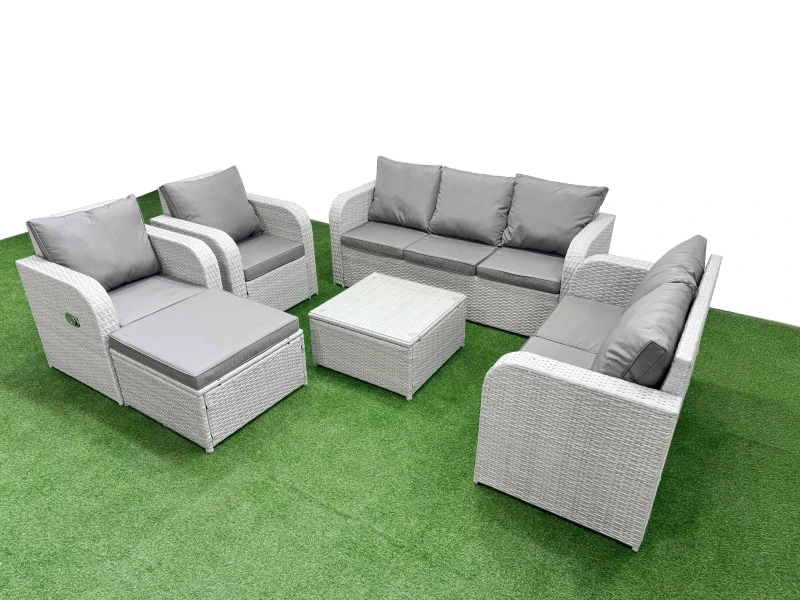 Image of Fimous PE Rattan Garden Furniture Set Adjustable Chair Sofa Double Love Seat 2 Seater Sofa Lounge Set Square Coffee Table Big Footstool Light Grey Lig