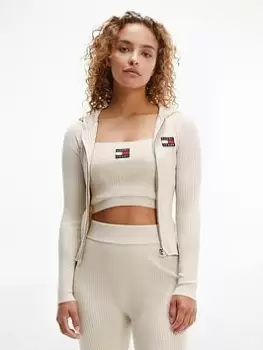 Image of Tommy Jeans BADGE LOGO ZIP THROUGH JERSEY RIB CARDI - CREAM, Cream, Size S, Women