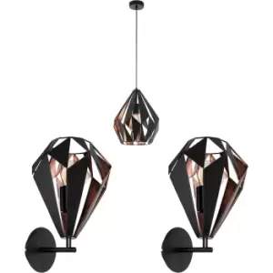 Image of Ceiling Pendant Light & 2x Matching Wall Lights Black & Copper Shard Geometric