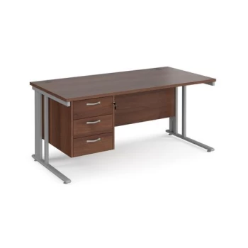 Image of Office Desk Rectangular Desk 1600mm With Pedestal Walnut Top With Silver Frame 800mm Depth Maestro 25 MCM16P3SW