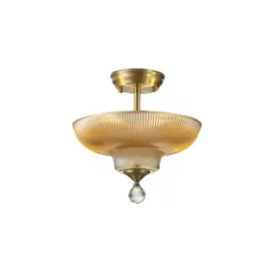 Image of Dresden 2 Light Semi Flush Ceiling Lamp E27 With Round 30cm Glass Shade Antique Brass, Amber