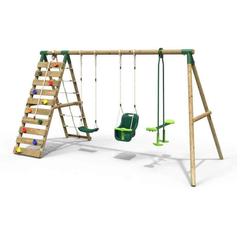 Image of Rebo Wooden Swing Set with Baby Seat, Glider and Climbing Wall - Sienna Green Green