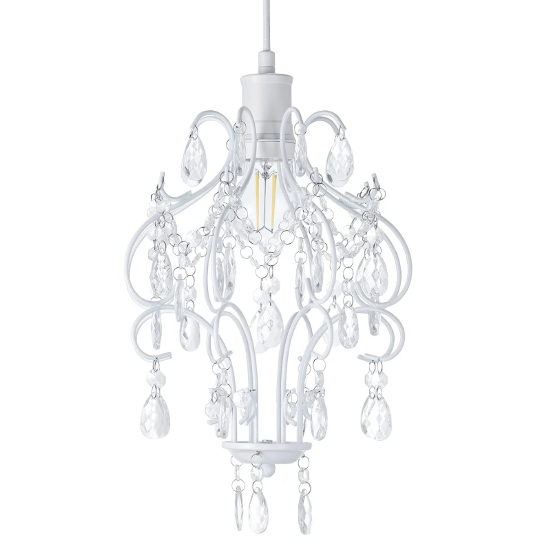 Image of Happy Homewares Traditional Shabby Chic Chandelier Style Pendant Shade with Acrylic Droplets in White White Unisex