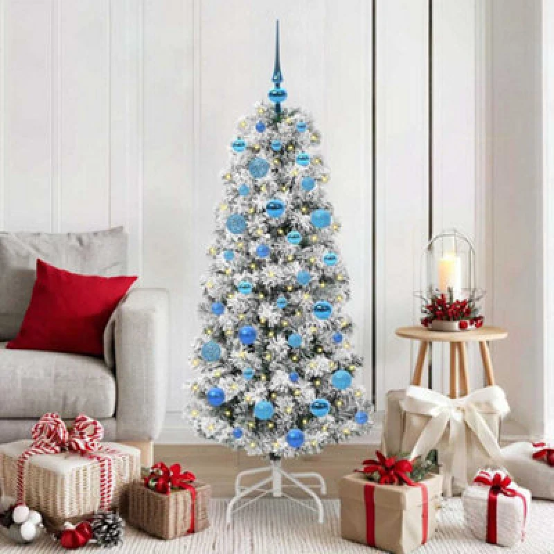Image of vidaXL Artificial Hinged Christmas Tree with Blue Balls Green and white 150 cm, Green 3395593