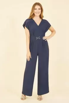 Image of Navy Wrap Jumpsuit With Mesh Panel And Belt Detail