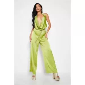 Image of I Saw It First Green Satin Extreme Plunge Drape Cowl Wide Leg Jumpsuit - Green