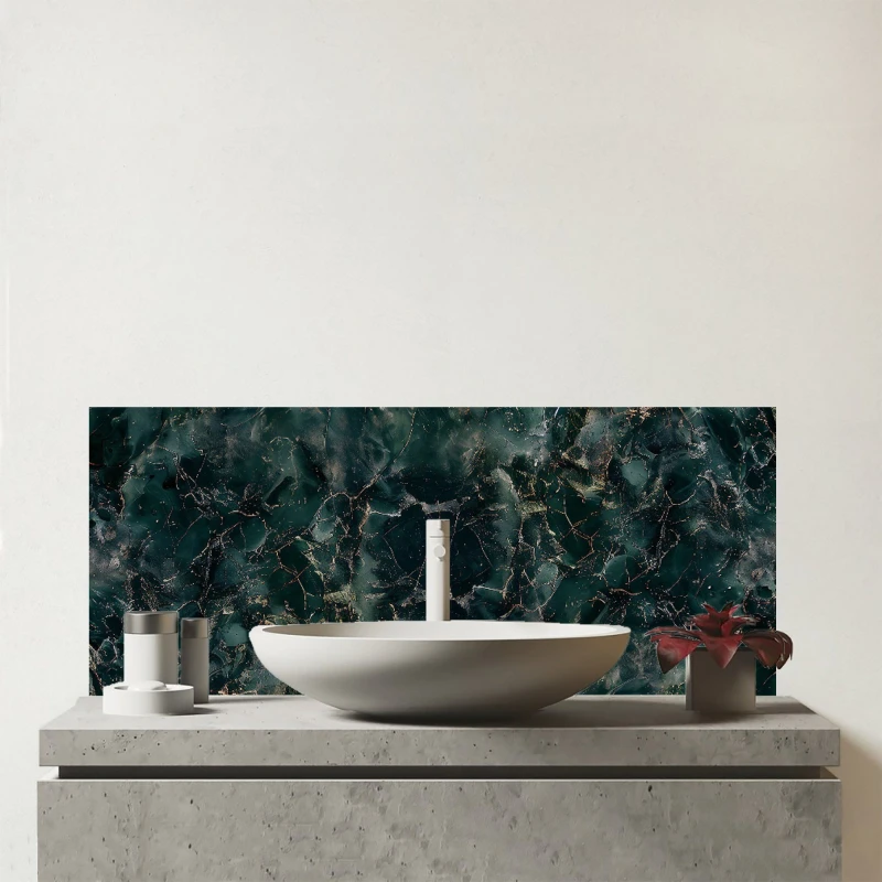 Image of Warren Reed - Designer Dark Green Quartz Effect Glass Bathroom Splashback Green Unisex