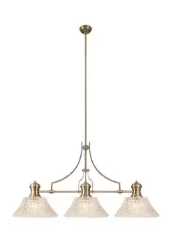 Image of Linear Ceiling Pendant With 38cm Patterned Round Shade, 3 x E27, Antique Brass, Clear Glass