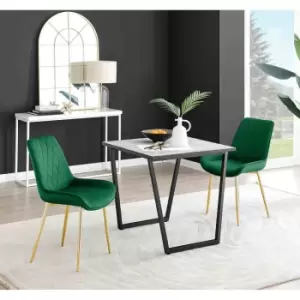 Image of Furniture Box Carson White Marble Effect Square Dining Table and 2 Green Pesaro Gold Leg Chairs