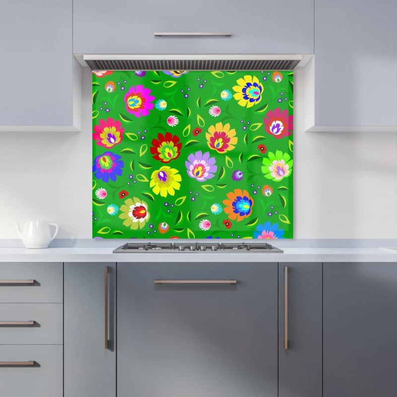 Image of Warren Reed - Designer Polish Folk Floral Kitchen Splashback in Green Size: 900mm x 750mm Green Unisex 900mm x 750mm