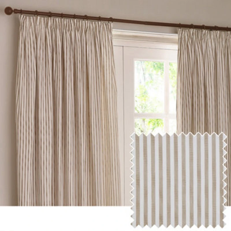 Image of Yard Hebden Striped Cotton Ready Made Pencil Pleat Curtains Natural