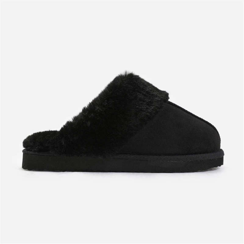 Image of Wheres That From Lounge Black Suede Slippers With Fur Trim Black Suede female 4