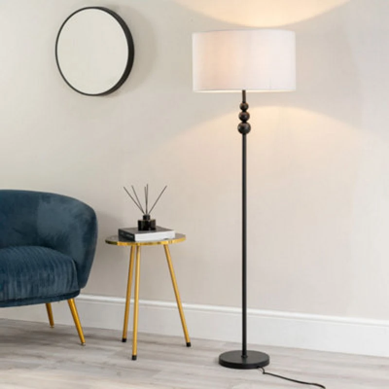 Image of ValueLights Marissa Fabric Drum Shade with Black Stacked Ball Floor Lamp Grey